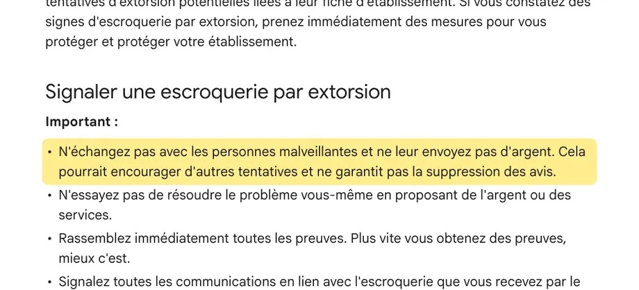 Extrait de l'aide Google sur l'extorsion : n'échangez pas avec les personnes malveillantes et ne leur envoyez pas d'argent