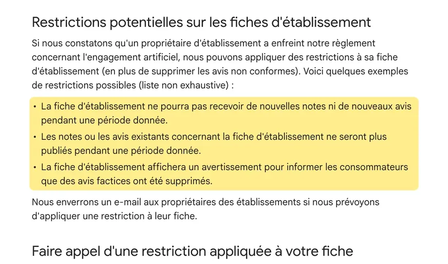Extrait de l'aide Google : les restrictions possibles, plus de nouveaux avis pendant une période donnée, avis existants plus publiés, avertissement affiché aux consommateurs