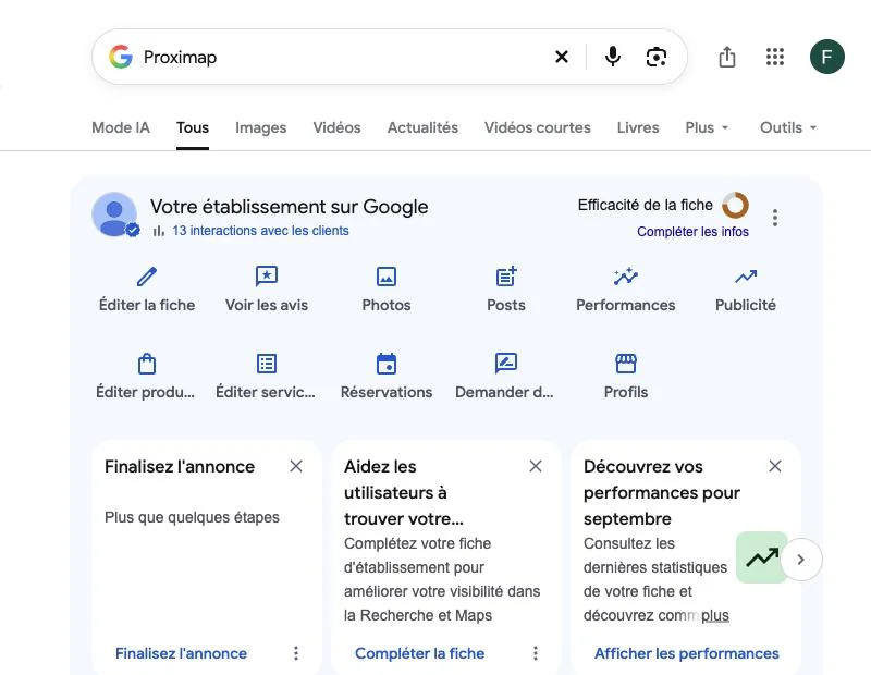 Panneau de gestion de la fiche ProxiMap le 23 octobre 2026, avant les changements